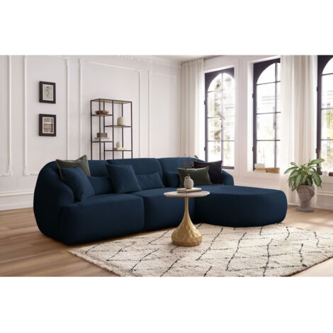 BOBOCHIC - Canapé d'angle fixe ALESIA tissu bouclette Angle droit  Bleu foncé