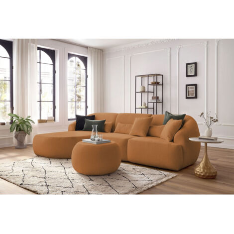 BOBOCHIC - Canapé d'angle fixe ALESIA tissu bouclette avec pouf Angle gauche  Jaune