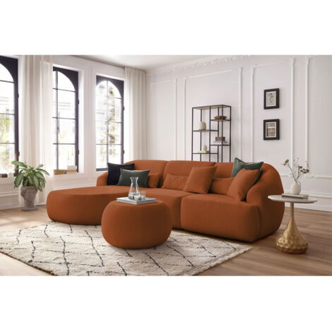 BOBOCHIC - Canapé d'angle fixe ALESIA tissu bouclette avec pouf Angle gauche  Orange