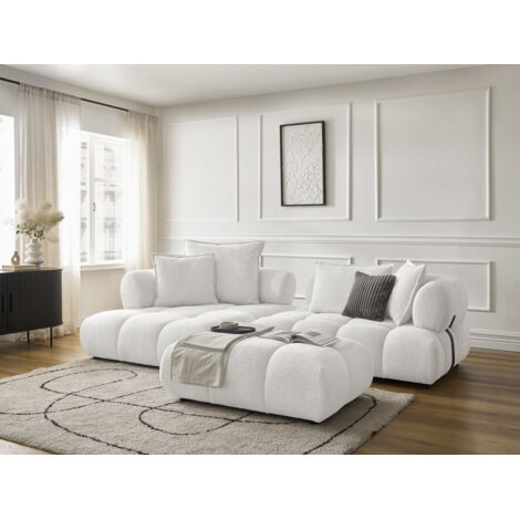 BOBOCHIC - Canapé d'angle fixe ALYA tissu bouclette avec pouf Angle gauche  Blanc