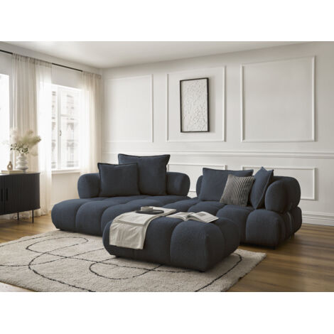 BOBOCHIC - Canapé d'angle fixe ALYA tissu bouclette avec pouf Angle gauche  Bleu foncé