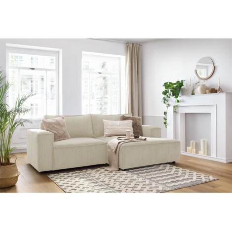 Bobochic – Canapé d'angle fixe compact 3 places – Velours côtelé beige – Longueur 240cm – Style vintage pour petits espaces