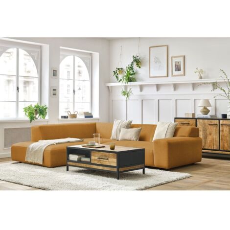BOBOCHIC - Canapé d'angle fixe compact LAVENA tissu velours Angle gauche  Jaune
