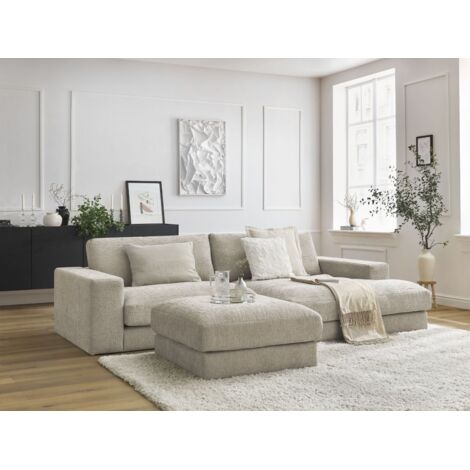 BOBOCHIC - Canapé d'angle fixe compact LEONARD tissu texturé avec pouf Angle droit  Beige