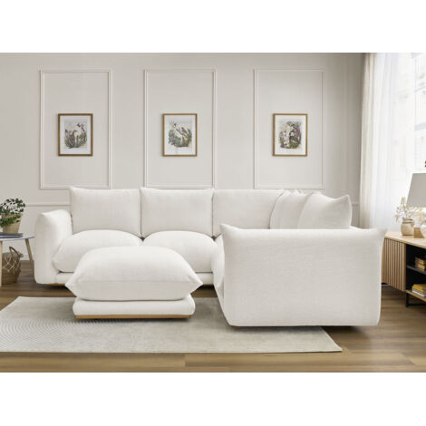 BOBOCHIC - Canapé d'angle fixe ERNEST tissu bouclette avec pouf   Blanc