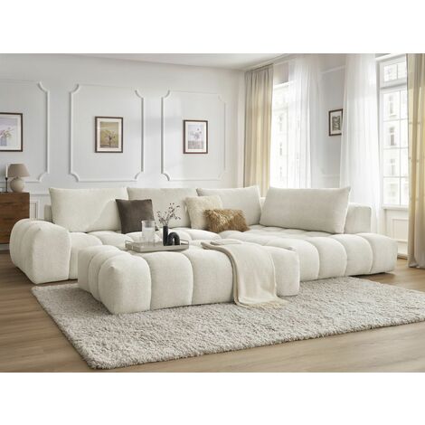 BOBOCHIC - Canapé d'angle fixe EVEREST tissu chiné avec pouf Angle droit  Blanc