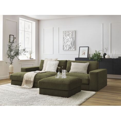 BOBOCHIC - Canapé d'angle fixe LEONARD tissu texturé avec pouf Angle gauche  Vert