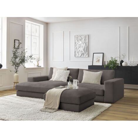 BOBOCHIC - Canapé d'angle fixe LEONARD velours côtelé avec pouf Angle gauche Marron