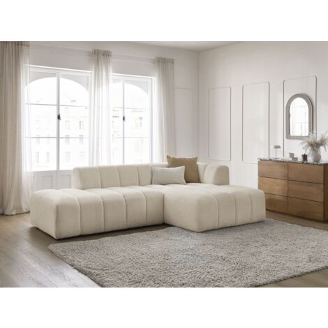 Bobochic – Canapé d'angle fixe modulable 3 places – Tissu bouclette beige – Longueur 250cm – Largeur 160cm – Design moderne et confortable
