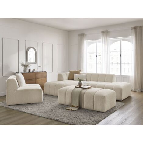 BOBOCHIC - Canapé d'angle fixe modulable ANNECY tissu bouclette avec 1 chauffeuse 1 place et 1 pouf Angle gauche  Beige
