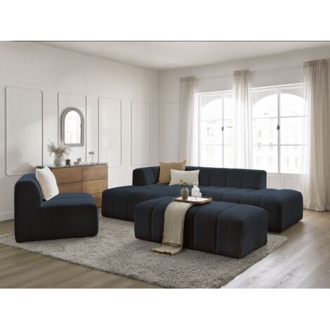 BOBOCHIC - Canapé d'angle fixe modulable ANNECY tissu bouclette avec 1 chauffeuse 1 place et 1 pouf Angle gauche Bleu foncé