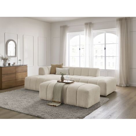 BOBOCHIC - Canapé d'angle fixe modulable ANNECY tissu bouclette avec pouf Angle gauche Beige