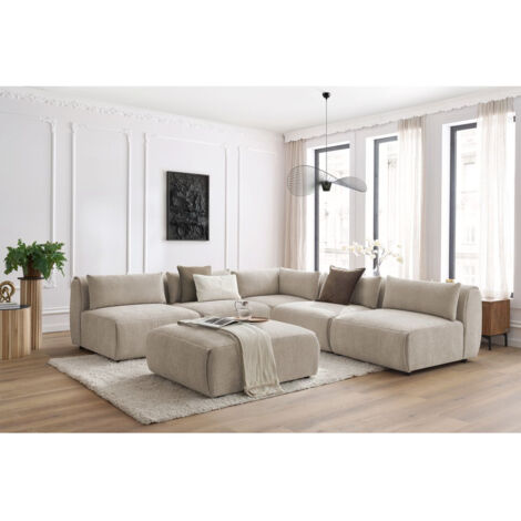 BOBOCHIC - Canapé d'angle fixe modulable JEANNE tissu texturé avec 4 chauffeuses, 1 angle et 1 pouf   Beige
