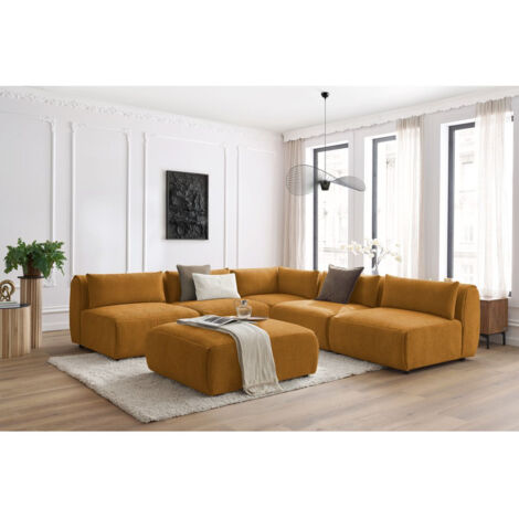 BOBOCHIC - Canapé d'angle fixe modulable JEANNE tissu texturé avec 4 chauffeuses, 1 angle et 1 pouf   Jaune