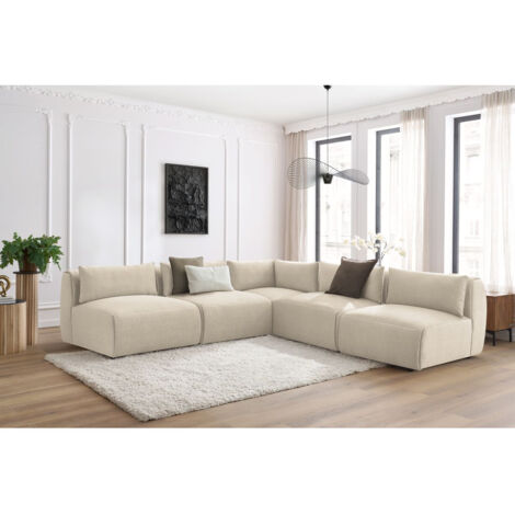 BOBOCHIC - Canapé d'angle fixe modulable JEANNE tissu velours avec 4 chauffeuses et 1 angle Réversible  Beige