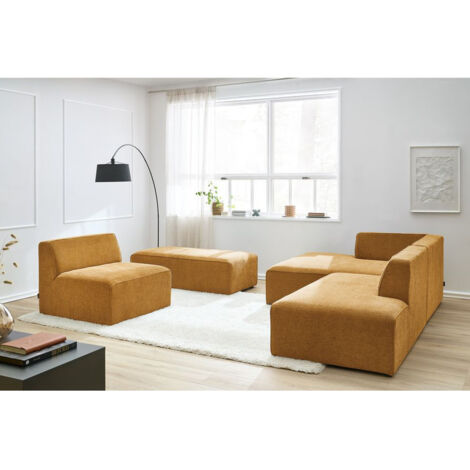 BOBOCHIC - Canapé d'angle fixe modulable MEGEVE tissu texturé avec 1 chauffeuse et 1 pouf Angle gauche  Jaune