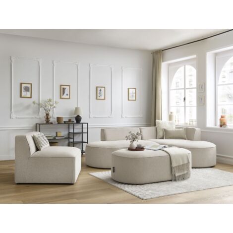 BOBOCHIC - Canapé d'angle fixe modulable ROUSSEAU tissu chiné avec 1 chauffeuse et 1 pouf Angle droit  Beige