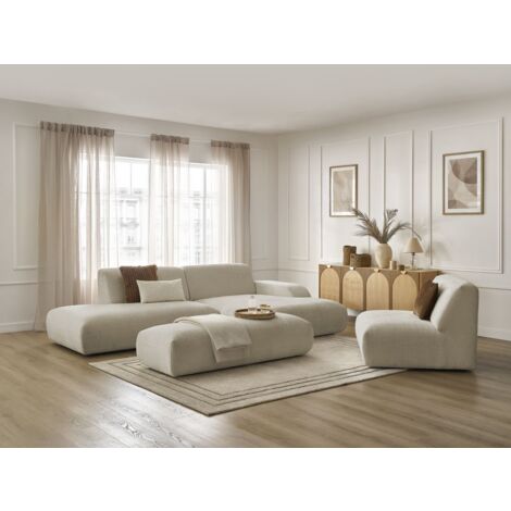 BOBOCHIC - Canapé d'angle fixe modulable SIRIUS tissu texturé avec 1 chauffeuse et grand pouf Angle droit  Beige