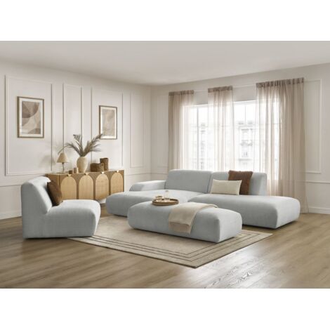 BOBOCHIC - Canapé d'angle fixe modulable SIRIUS tissu texturé avec 1 chauffeuse et grand pouf Angle gauche  Gris clair