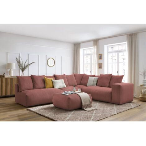 BOBOCHIC - Canapé d'angle fixe modulable VOLTAIRE avec 2 chauffeuses 2 places, 1 angle, 1 chauffeuse 1 place et 1 pouf Angle droit  Rose