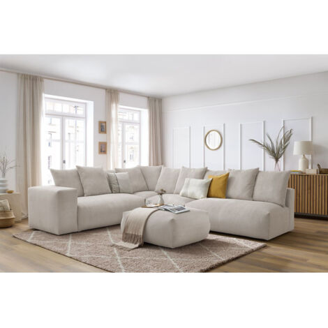 BOBOCHIC - Canapé d'angle fixe modulable VOLTAIRE avec 2 chauffeuses 2 places, 1 angle, 1 chauffeuse 1 place et 1 pouf Angle gauche Beige