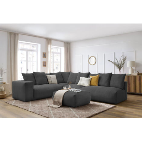 BOBOCHIC - Canapé d'angle fixe modulable VOLTAIRE avec 2 chauffeuses 2 places, 1 angle, 1 chauffeuse 1 place et 1 pouf Angle gauche  Gris foncé