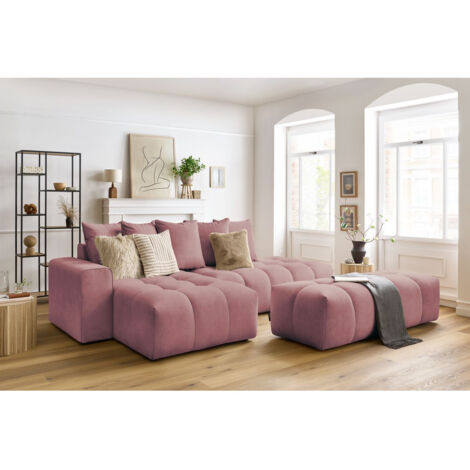 BOBOCHIC - Canapé d'angle fixe MONT-BLANC velours avec pouf Angle gauche  Rose