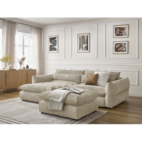 BOBOCHIC - Canapé d'angle fixe NEIL tissu texturé avec pouf Angle gauche  Beige