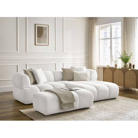 BOBOCHIC - Canapé d'angle fixe PAMIRA tissu bouclette avec pouf Angle droit  Blanc
