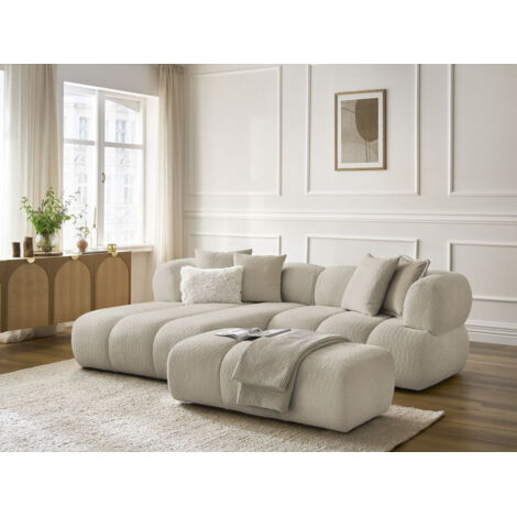 BOBOCHIC - Canapé d'angle fixe PAMIRA tissu bouclette avec pouf Angle gauche  Beige