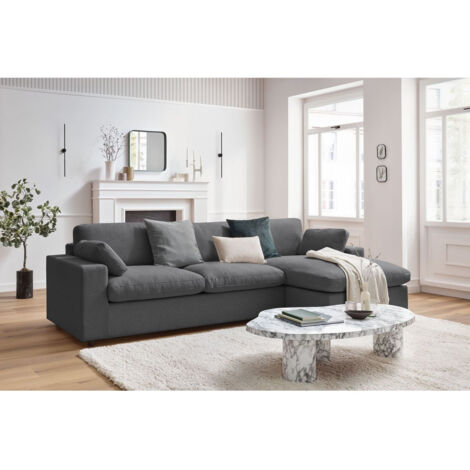 Bobochic – Canapé d'angle fixe réversible 4 places – Tissu 100% polyester – Longueur 280 cm – Confort moelleux – Design moderne gris foncé