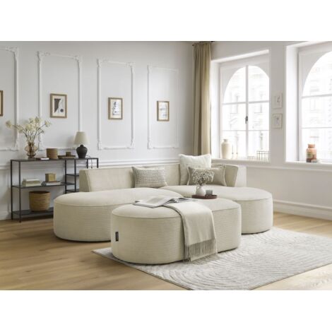 BOBOCHIC - Canapé d'angle fixe ROUSSEAU velours côtelé avec pouf Angle droit  Beige