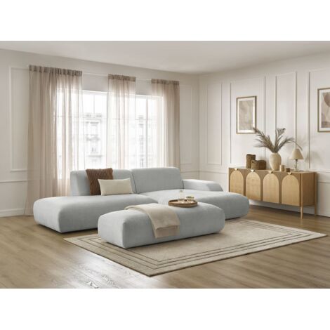 BOBOCHIC - Canapé d'angle fixe SIRIUS tissu texturé avec grand pouf Angle droit  Gris clair