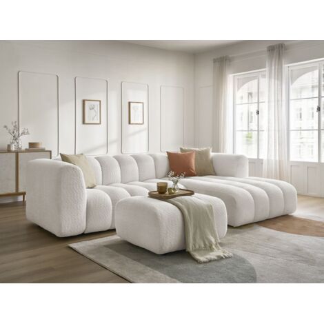 BOBOCHIC - Canapé d'angle fixe TALIA tissu bouclette avec pouf Angle droit  Blanc