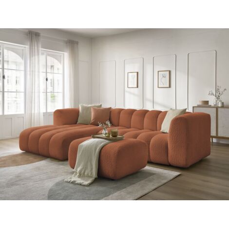BOBOCHIC - Canapé d'angle fixe TALIA tissu bouclette avec pouf Angle gauche  Orange