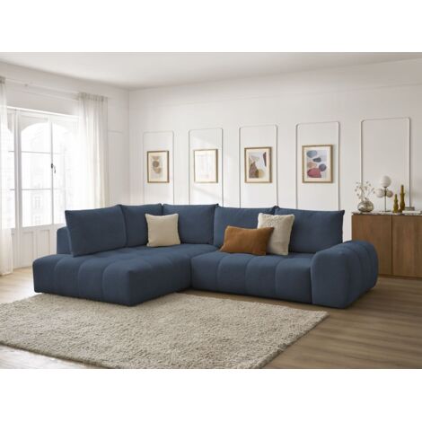 Bobochic – Canapé d'angle L convertible coffre – 3 places – Tissu chiné bleu foncé – Structure en pin et hêtre – Design moderne et cosy