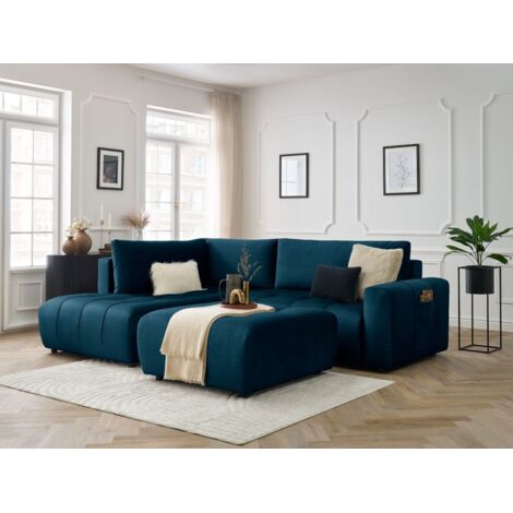 BOBOCHIC - Canapé d'angle L convertible coffre ARSENE tissu velours avec pouf Angle gauche  Bleu
