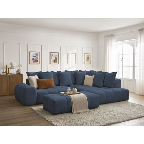 BOBOCHIC - Canapé d'angle L convertible coffre EVEREST tissu chiné avec pouf Angle droit  Bleu foncé