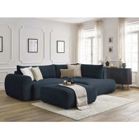 BOBOCHIC - Canapé d'angle L convertible coffre LUCIEN gros côtelé doux avec pouf Angle droit  Bleu foncé