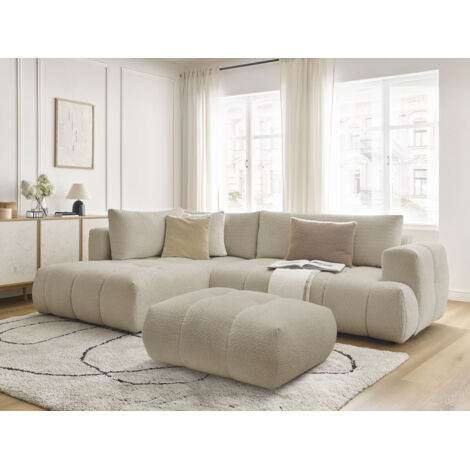 BOBOCHIC - Canapé d'angle L convertible FUJI tissu bouclette avec pouf Angle gauche  Beige