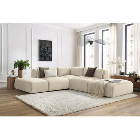 Bobochic – Canapé d'angle modulable 5 places en velours beige – 2 chauffeuses et 2 poufs – Design moderne et réversible – Longueur 271 cm