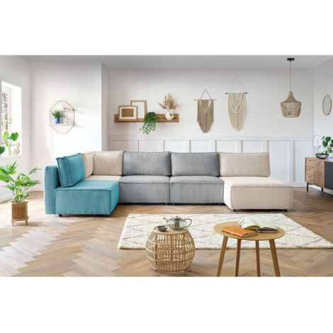 Bobochic – Canapé d'angle modulable 5 places en velours côtelé – 3 chauffeuses, 1 angle, 1 méridienne – Style vintage, Longueur 386cm