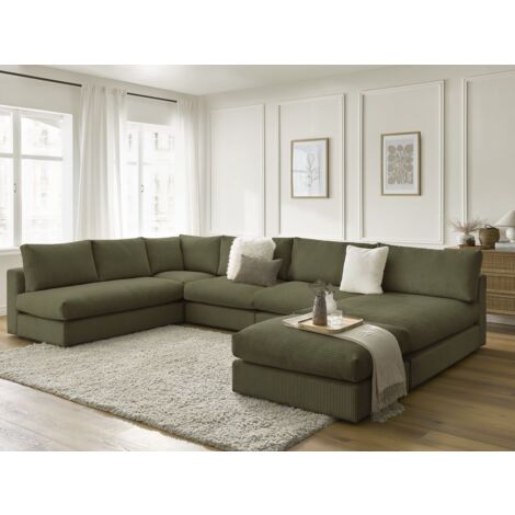 BOBOCHIC - Canapé d'angle modulable PARIS velours côtelé avec 3 chauffeuses, 1 méridienne, 1 angle, et 1 pouf   Vert