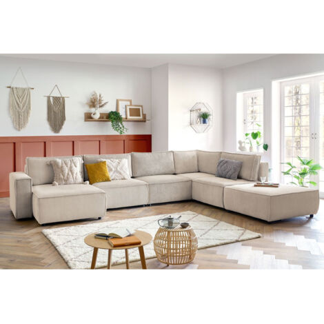 Bobochic – Canapé d'angle fixe modulable XL – 7 places – Tissu velours côtelé beige – Design vintage – Dimensions 411x300cm
