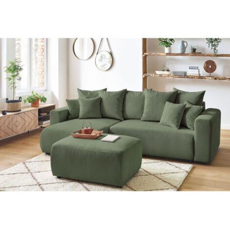 Bobochic – Canapé d'angle réversible convertible coffre – 4 places – Velours côtelé vert – Pouf inclus – Dimensions 282x153cm