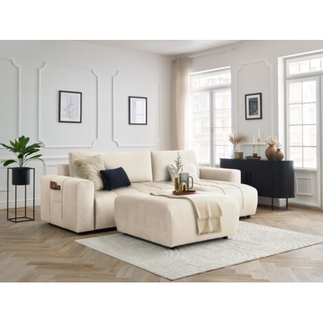 BOBOCHIC - Canapé d'angle réversible convertible coffre ARSENE tissu velours avec pouf   Beige