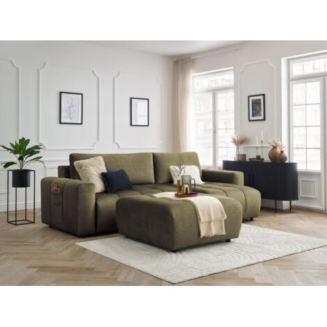 BOBOCHIC - Canapé d'angle réversible convertible coffre ARSENE tissu velours avec pouf Vert