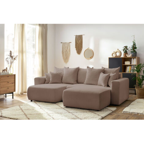 BOBOCHIC - Canapé d'angle réversible convertible coffre ENVY tissu bouclette doux avec pouf rectangulaire   Marron