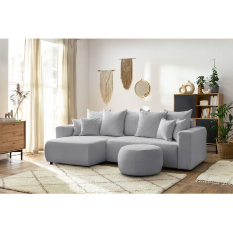 BOBOCHIC - Canapé d'angle réversible convertible coffre ENVY tissu bouclette doux avec pouf rond   Gris clair