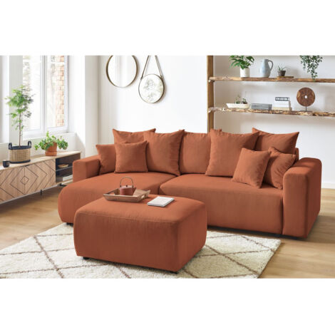 BOBOCHIC - Canapé d'angle réversible convertible coffre ENVY velours côtelé avec pouf Orange